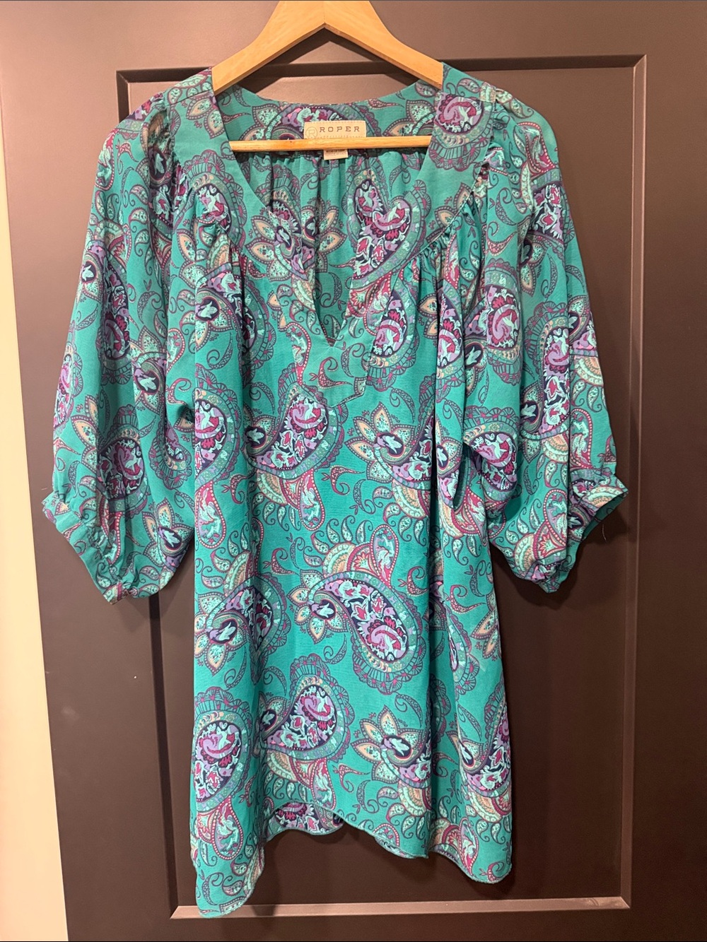 Roper Teal Paisley V-Neck Tunic with Pink Accents